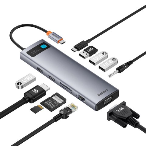 11w1 HUB adapter USB-C do USB-C PD 4x USB HDMI VGA AUX RJ45 SD TF szary 11w1 HUB adapter USB-C do USB-C PD 4x USB HDMI VGA AUX RJ45 SD TF szary