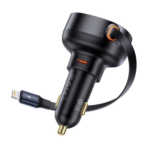 Ładowarka samochodowa ze zwijanym kalblem do iPhone Lightning USB-C 60W czarna Ładowarka samochodowa ze zwijanym kalblem do iPhone Lightning USB-C 60W czarna
