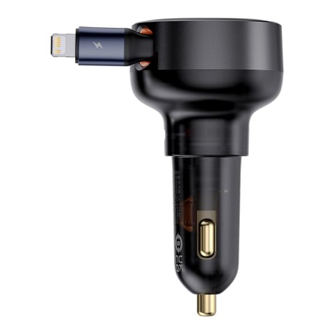 Ładowarka samochodowa ze zwijanym kalblem do iPhone Lightning USB-C 60W czarna Ładowarka samochodowa ze zwijanym kalblem do iPhone Lightning USB-C 60W czarna
