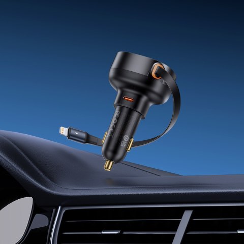 Ładowarka samochodowa ze zwijanym kalblem do iPhone Lightning USB-C 60W czarna Ładowarka samochodowa ze zwijanym kalblem do iPhone Lightning USB-C 60W czarna