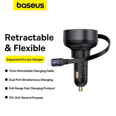 Ładowarka samochodowa ze zwijanym kalblem do iPhone Lightning USB-C 60W czarna Ładowarka samochodowa ze zwijanym kalblem do iPhone Lightning USB-C 60W czarna