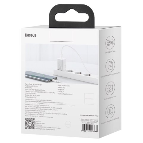 Szybka ładowarka sieciowa Si 25W 3A z kablem USB-C 1m biały Szybka ładowarka sieciowa Si 25W 3A z kablem USB-C 1m biały