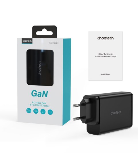 Ładowarka zasilacz GaN 140W 4 porty 2x USB-C + 2x USB - czarna Ładowarka zasilacz GaN 140W 4 porty 2x USB-C + 2x USB - czarna