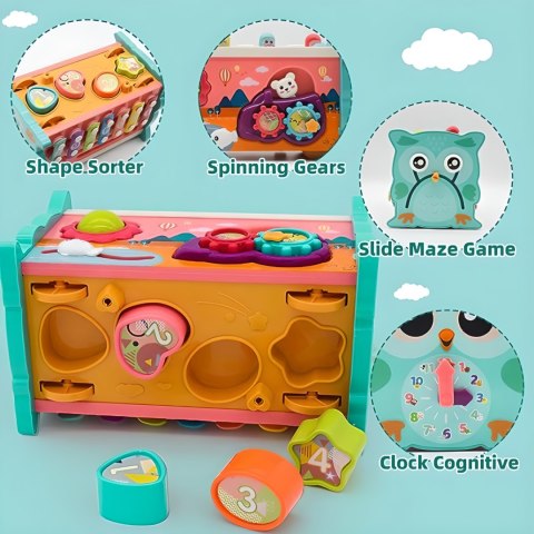 MAGICZNE PUDEŁKO EDUKACYJNE NA KÓŁKACH SÓWKA SORTER CYMBAŁKI WBIJAK MŁOTEK MAGICZNE PUDEŁKO EDUKACYJNE NA KÓŁKACH SÓWKA SORTER CYMBAŁKI WBIJAK MŁOTEK