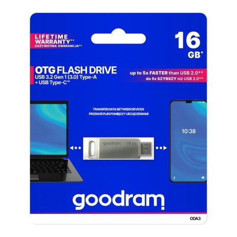 Pendrive pamięć Goodram 16GB USB 3.2 Gen 1 USB / USB-C OTG ODA3 srebrny Pendrive pamięć Goodram 16GB USB 3.2 Gen 1 USB / USB-C OTG ODA3 srebrny