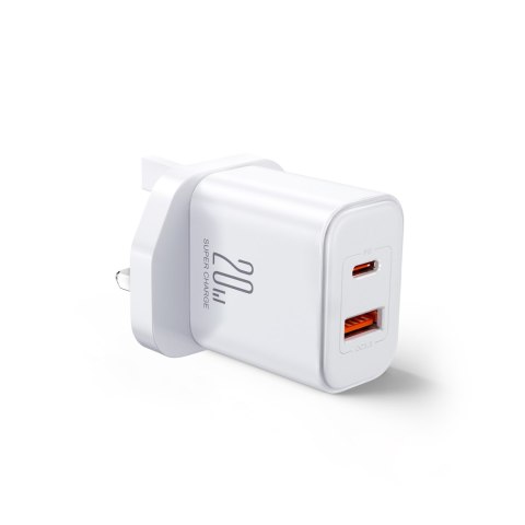 Ładowarka sieciowa wtyczka angielska UK FlashSeries USB-A USB-C 20W biała Ładowarka sieciowa wtyczka angielska UK FlashSeries USB-A USB-C 20W biała