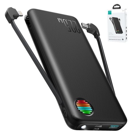 Powerbank z latarką 22.5W 10000mAh i wbudowanymi kablami USB-C i Lightning czarny Powerbank z latarką 22.5W 10000mAh i wbudowanymi kablami USB-C i Lightning czarny