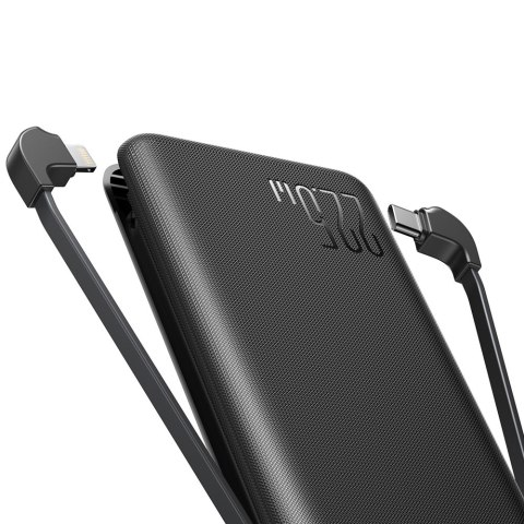 Powerbank z latarką 22.5W 10000mAh i wbudowanymi kablami USB-C i Lightning czarny Powerbank z latarką 22.5W 10000mAh i wbudowanymi kablami USB-C i Lightning czarny