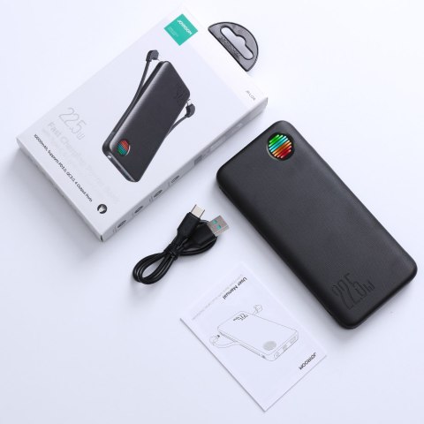 Powerbank z latarką 22.5W 10000mAh i wbudowanymi kablami USB-C i Lightning czarny Powerbank z latarką 22.5W 10000mAh i wbudowanymi kablami USB-C i Lightning czarny