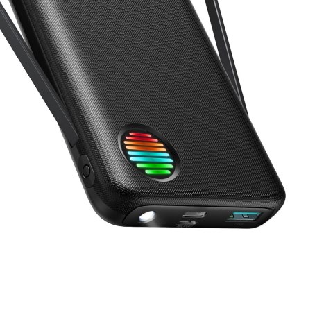 Powerbank z latarką 22.5W 10000mAh i wbudowanymi kablami USB-C i Lightning czarny Powerbank z latarką 22.5W 10000mAh i wbudowanymi kablami USB-C i Lightning czarny