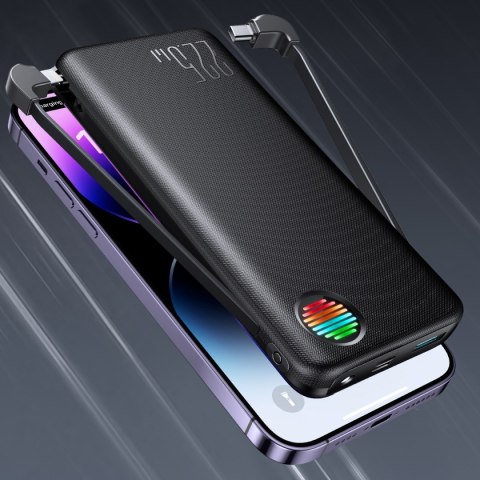 Powerbank z latarką 22.5W 10000mAh i wbudowanymi kablami USB-C i Lightning czarny Powerbank z latarką 22.5W 10000mAh i wbudowanymi kablami USB-C i Lightning czarny