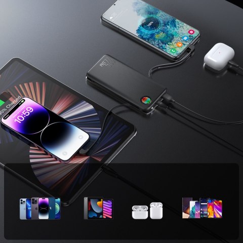 Powerbank z latarką 22.5W 10000mAh i wbudowanymi kablami USB-C i Lightning czarny Powerbank z latarką 22.5W 10000mAh i wbudowanymi kablami USB-C i Lightning czarny