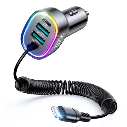 4w1 Szybka ładowarka samochodowa USB-C PD 2x USB QC3 z kablem Lightning 1.6m 57W czarny 4w1 Szybka ładowarka samochodowa USB-C PD 2x USB QC3 z kablem Lightning 1.6m 57W czarny