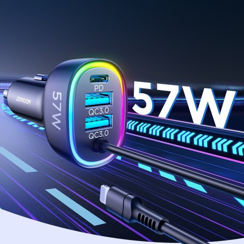 4w1 Szybka ładowarka samochodowa USB-C PD 2x USB QC3 z kablem Lightning 1.6m 57W czarny 4w1 Szybka ładowarka samochodowa USB-C PD 2x USB QC3 z kablem Lightning 1.6m 57W czarny