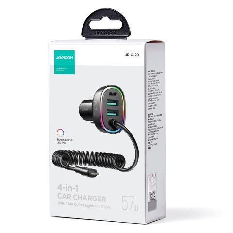 4w1 Szybka ładowarka samochodowa USB-C PD 2x USB QC3 z kablem Lightning 1.6m 57W czarny 4w1 Szybka ładowarka samochodowa USB-C PD 2x USB QC3 z kablem Lightning 1.6m 57W czarny