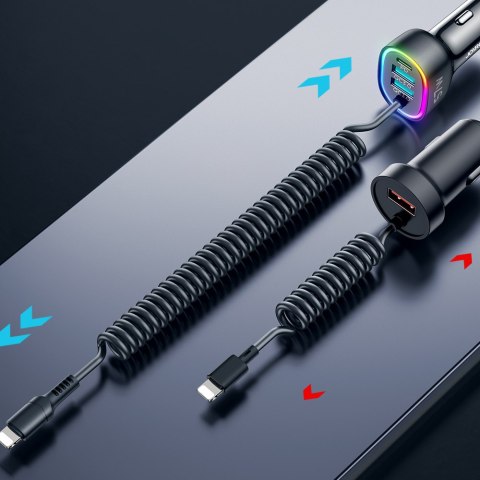 4w1 Szybka ładowarka samochodowa USB-C PD 2x USB QC3 z kablem Lightning 1.6m 57W czarny 4w1 Szybka ładowarka samochodowa USB-C PD 2x USB QC3 z kablem Lightning 1.6m 57W czarny