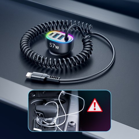 4w1 Szybka ładowarka samochodowa USB-C PD 2x USB QC3 z kablem Lightning 1.6m 57W czarny 4w1 Szybka ładowarka samochodowa USB-C PD 2x USB QC3 z kablem Lightning 1.6m 57W czarny