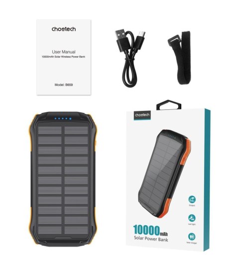 Powerbank solarny 10000mAh z ładowarką indukcyjną Qi 5W pomarańczowy Powerbank solarny 10000mAh z ładowarką indukcyjną Qi 5W pomarańczowy