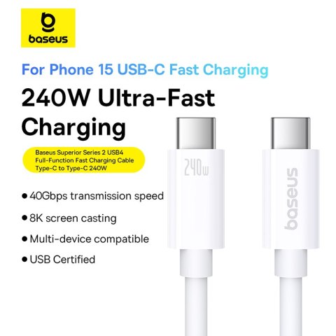Kabel przewód USB-C - USB-C 240W PD 8K 60Hz 40Gb/s 1m biały Kabel przewód USB-C - USB-C 240W PD 8K 60Hz 40Gb/s 1m biały