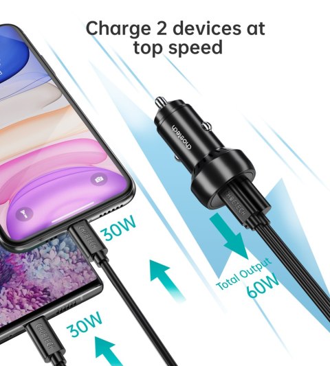 Ładowarka samochodowa USB-C USB-A PD 60W z podświetleniem LED czarna Ładowarka samochodowa USB-C USB-A PD 60W z podświetleniem LED czarna