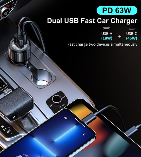 Ładowarka samochodowa USB-C USB-A PD 63W czarna Ładowarka samochodowa USB-C USB-A PD 63W czarna