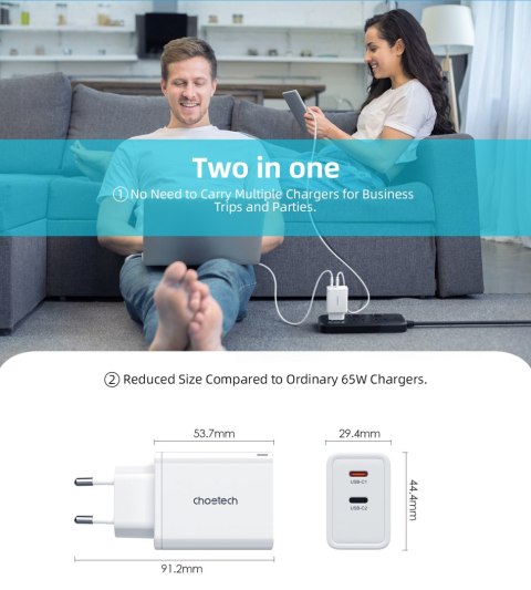 Ładowarka sieciowa GaN 2x USB-C PD 65W biała Ładowarka sieciowa GaN 2x USB-C PD 65W biała