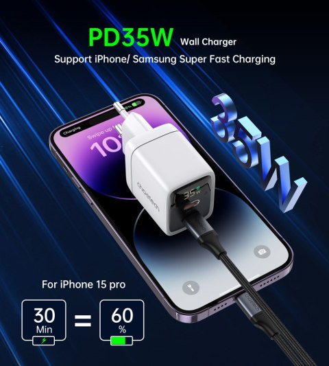 Mała mocna ładowarka sieciowa GaN 2x USB-C PD 35W z wyświetlaczem biała Mała mocna ładowarka sieciowa GaN 2x USB-C PD 35W z wyświetlaczem biała