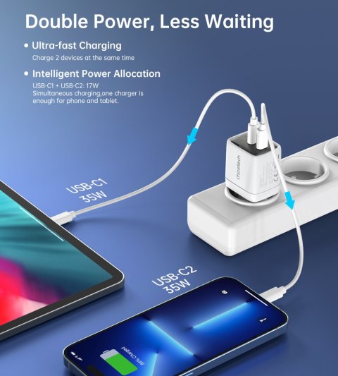 Mała mocna ładowarka sieciowa GaN 2x USB-C PD 35W z wyświetlaczem biała Mała mocna ładowarka sieciowa GaN 2x USB-C PD 35W z wyświetlaczem biała