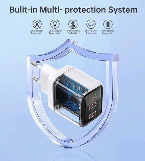 Mała mocna ładowarka sieciowa GaN 2x USB-C PD 35W z wyświetlaczem biała Mała mocna ładowarka sieciowa GaN 2x USB-C PD 35W z wyświetlaczem biała