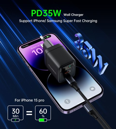 Mała mocna ładowarka sieciowa GaN 2x USB-C PD 35W z wyświetlaczem czarna Mała mocna ładowarka sieciowa GaN 2x USB-C PD 35W z wyświetlaczem czarna