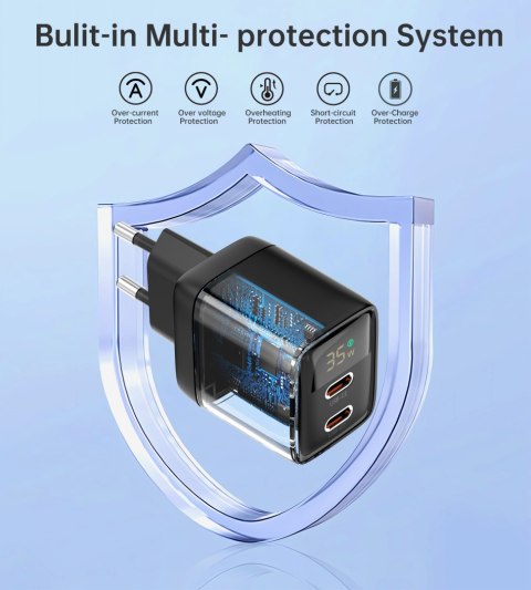 Mała mocna ładowarka sieciowa GaN 2x USB-C PD 35W z wyświetlaczem czarna Mała mocna ładowarka sieciowa GaN 2x USB-C PD 35W z wyświetlaczem czarna