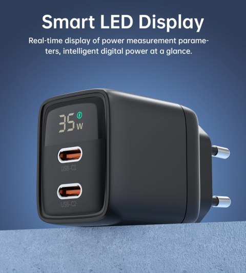 Mała mocna ładowarka sieciowa GaN 2x USB-C PD 35W z wyświetlaczem czarna Mała mocna ładowarka sieciowa GaN 2x USB-C PD 35W z wyświetlaczem czarna