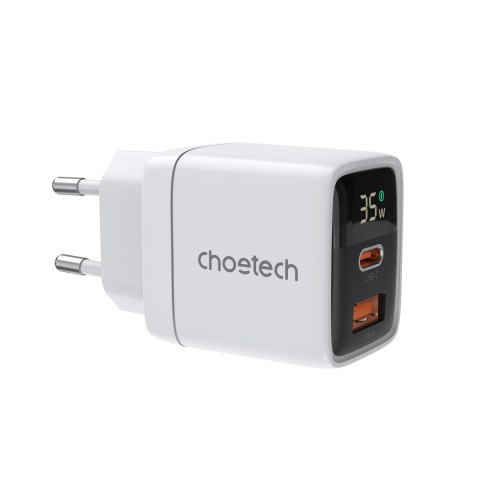 Mała mocna ładowarka sieciowa GaN USB-A USB-C PD 35W z wyświetlaczem biała Mała mocna ładowarka sieciowa GaN USB-A USB-C PD 35W z wyświetlaczem biała