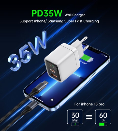 Mała mocna ładowarka sieciowa GaN USB-A USB-C PD 35W z wyświetlaczem biała Mała mocna ładowarka sieciowa GaN USB-A USB-C PD 35W z wyświetlaczem biała