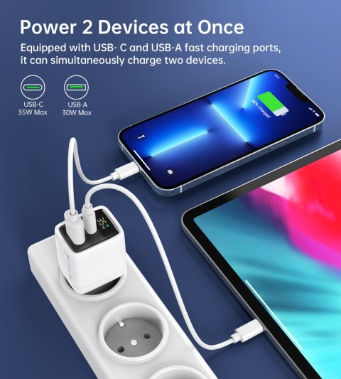Mała mocna ładowarka sieciowa GaN USB-A USB-C PD 35W z wyświetlaczem biała Mała mocna ładowarka sieciowa GaN USB-A USB-C PD 35W z wyświetlaczem biała