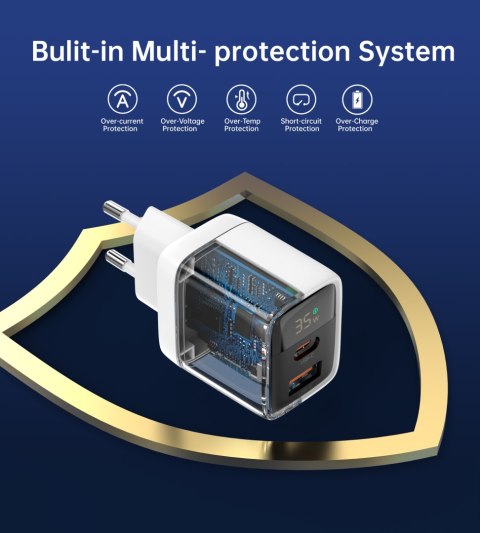 Mała mocna ładowarka sieciowa GaN USB-A USB-C PD 35W z wyświetlaczem biała Mała mocna ładowarka sieciowa GaN USB-A USB-C PD 35W z wyświetlaczem biała