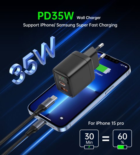 Mała mocna ładowarka sieciowa GaN USB-A USB-C PD 35W z wyświetlaczem czarna Mała mocna ładowarka sieciowa GaN USB-A USB-C PD 35W z wyświetlaczem czarna