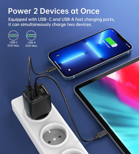 Mała mocna ładowarka sieciowa GaN USB-A USB-C PD 35W z wyświetlaczem czarna Mała mocna ładowarka sieciowa GaN USB-A USB-C PD 35W z wyświetlaczem czarna