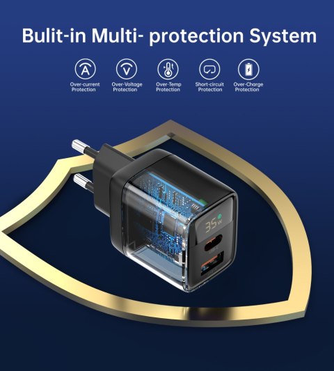 Mała mocna ładowarka sieciowa GaN USB-A USB-C PD 35W z wyświetlaczem czarna Mała mocna ładowarka sieciowa GaN USB-A USB-C PD 35W z wyświetlaczem czarna