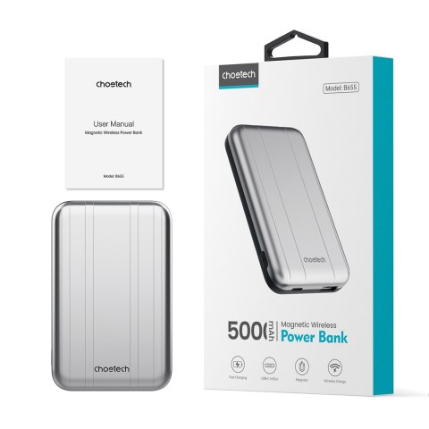 Mały lekki powerbank indukcyjny 5000mAh MagSafe USB-A USB-C srebrny Mały lekki powerbank indukcyjny 5000mAh MagSafe USB-A USB-C srebrny