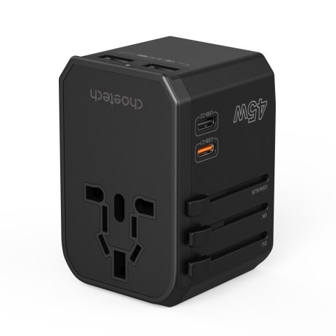 Uniwersalna ładowarka podróżna 2x USB-C 2x USB-A PD 45W wtyczki USA EU UK AU czarna Uniwersalna ładowarka podróżna 2x USB-C 2x USB-A PD 45W wtyczki USA EU UK AU czarna