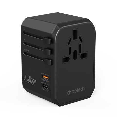 Uniwersalna ładowarka podróżna 2x USB-C 2x USB-A PD 45W wtyczki USA EU UK AU czarna Uniwersalna ładowarka podróżna 2x USB-C 2x USB-A PD 45W wtyczki USA EU UK AU czarna