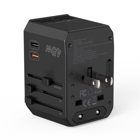 Uniwersalna ładowarka podróżna 2x USB-C 2x USB-A PD 45W wtyczki USA EU UK AU czarna Uniwersalna ładowarka podróżna 2x USB-C 2x USB-A PD 45W wtyczki USA EU UK AU czarna