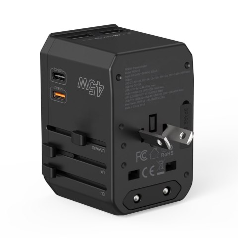 Uniwersalna ładowarka podróżna 2x USB-C 2x USB-A PD 45W wtyczki USA EU UK AU czarna Uniwersalna ładowarka podróżna 2x USB-C 2x USB-A PD 45W wtyczki USA EU UK AU czarna