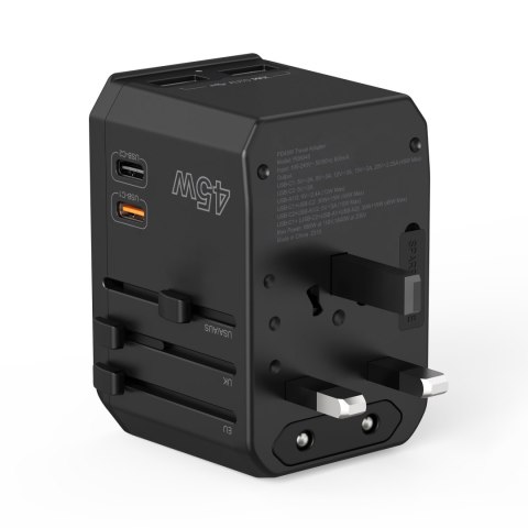 Uniwersalna ładowarka podróżna 2x USB-C 2x USB-A PD 45W wtyczki USA EU UK AU czarna Uniwersalna ładowarka podróżna 2x USB-C 2x USB-A PD 45W wtyczki USA EU UK AU czarna