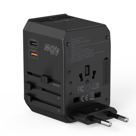 Uniwersalna ładowarka podróżna 2x USB-C 2x USB-A PD 45W wtyczki USA EU UK AU czarna Uniwersalna ładowarka podróżna 2x USB-C 2x USB-A PD 45W wtyczki USA EU UK AU czarna