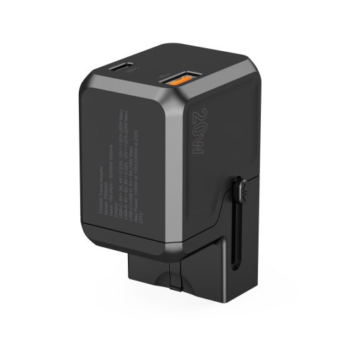 Uniwersalna ładowarka podróżna USB-C USB-A PD 20W wtyczki USA EU UK AU czarna Uniwersalna ładowarka podróżna USB-C USB-A PD 20W wtyczki USA EU UK AU czarna