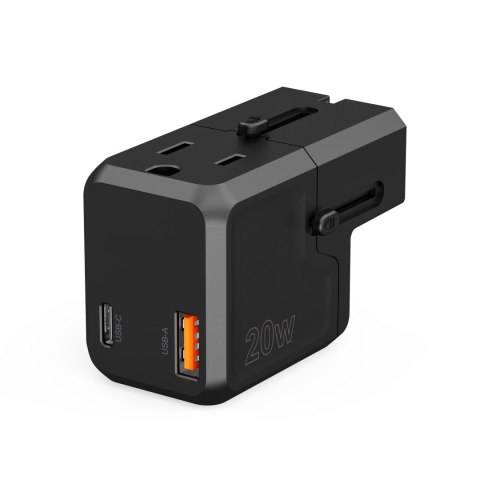 Uniwersalna ładowarka podróżna USB-C USB-A PD 20W wtyczki USA EU UK AU czarna Uniwersalna ładowarka podróżna USB-C USB-A PD 20W wtyczki USA EU UK AU czarna