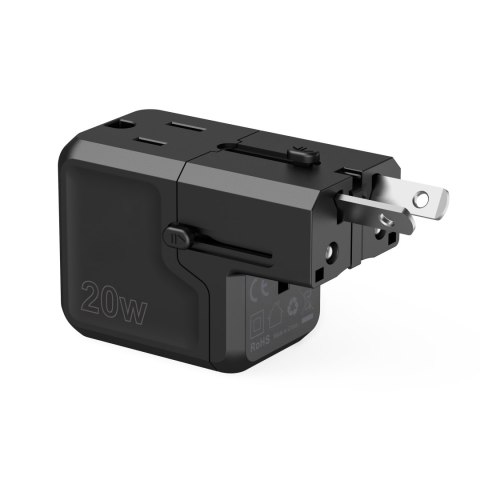 Uniwersalna ładowarka podróżna USB-C USB-A PD 20W wtyczki USA EU UK AU czarna Uniwersalna ładowarka podróżna USB-C USB-A PD 20W wtyczki USA EU UK AU czarna