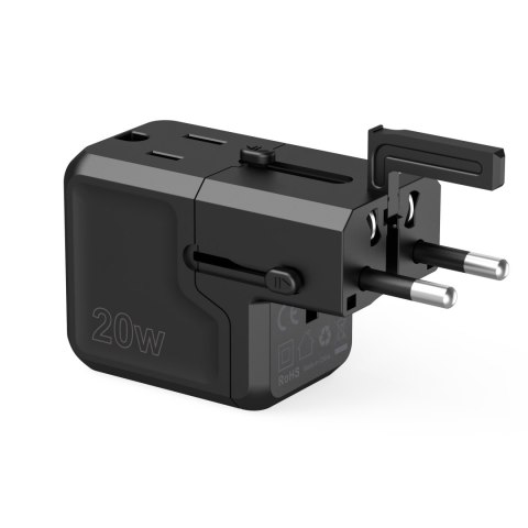 Uniwersalna ładowarka podróżna USB-C USB-A PD 20W wtyczki USA EU UK AU czarna Uniwersalna ładowarka podróżna USB-C USB-A PD 20W wtyczki USA EU UK AU czarna